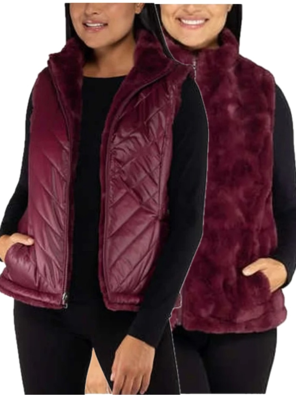 Nicole Miller Reversible Faux Fur Puffer Vest Womens Size XL Burgundy Full Zip
